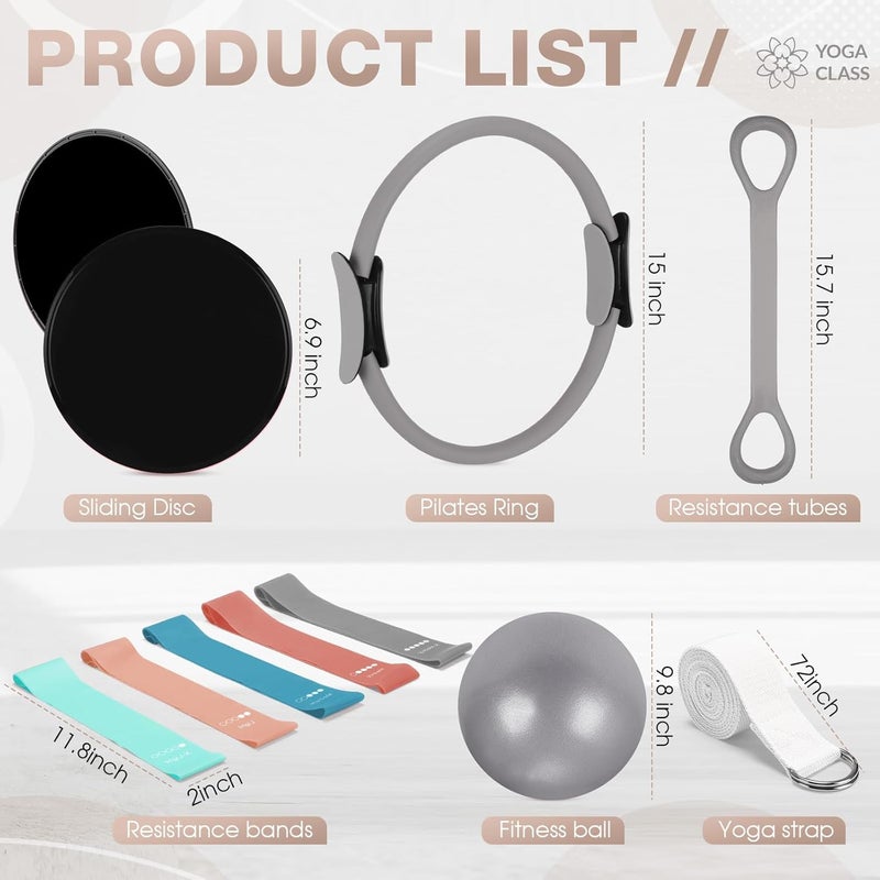 Arrowbash Set of 6 Style Pilates Home Equipment Set Pilates Essential Kit Workout Accessories 14 Magic Circle Mini Exercise Ball Yoga Strap Silicone Tension Strip Tension Band Sliding Plate - Image 2